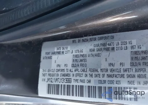 2018 Mazda Mazda6 Touring из США, поврежденный, VIN JM1GL1VM7J1313999